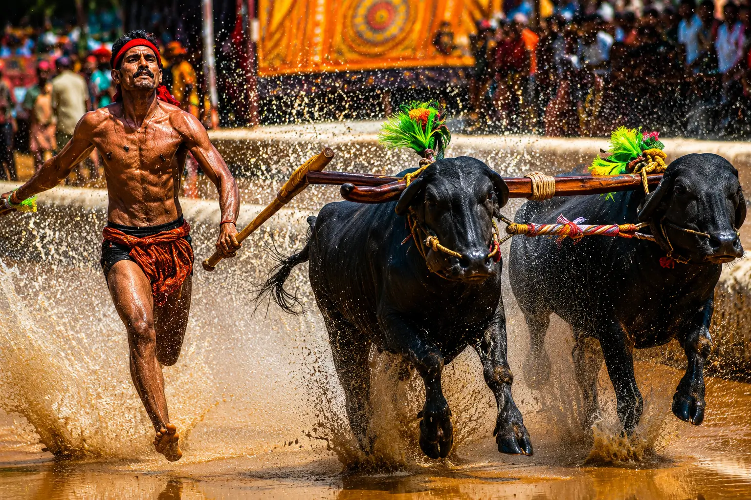 Kambala buffalo race in a
          paddy field